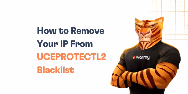 Illustration of an anthropomorphic tiger in a warmy shirt, arms crossed, beside the text: How to Remove Your IP From UCEPROTECTL2 Blacklist on a white background with orange grid lines.