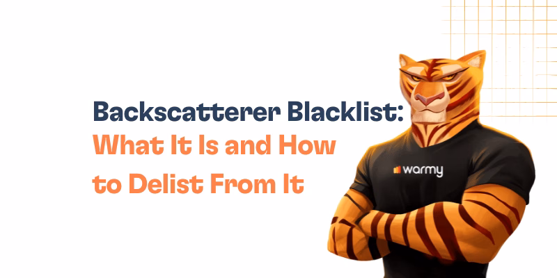 Illustration of a muscular tiger in a warm t-shirt beside the text: Backscatterer Blacklist—What It Is and How to Delist From It, set against a white background with an orange grid design. Perfect for explaining the backscatterer blacklist visually.