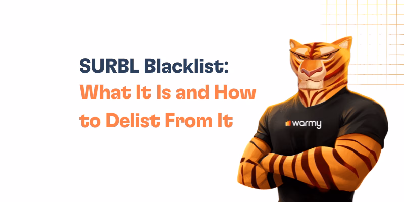 Illustration of a confident, muscular tiger wearing a warmy t-shirt, standing with folded arms beside text: SURBL Blacklist: What It Is and How to Delist From It on a white background with an orange grid.