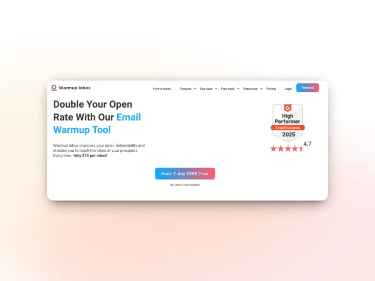 Warmy vs. Warmup Inbox: Why Warmy is the Best Warmup Inbox Alternative 8 A website homepage promoting an email warmup tool, highlighting doubled open rates, a free 7-day trial, a G2 High Performer 2025 badge, a 4.7-star rating, and a call-to-action button.