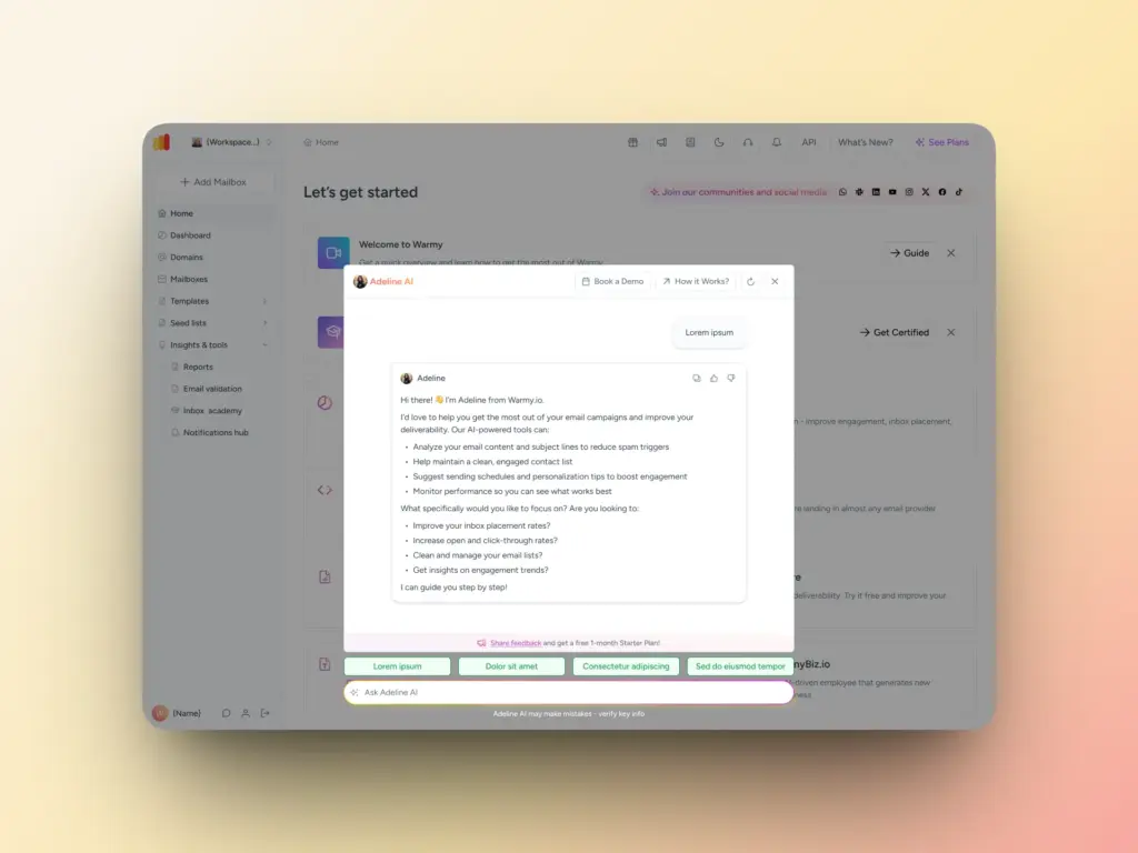 A computer screen displays a dashboard with a popup AI assistant message about campaign triggers, referencing Warmy vs. Instantly.ai. The background is blurred, and various navigation options are visible on the left sidebar.