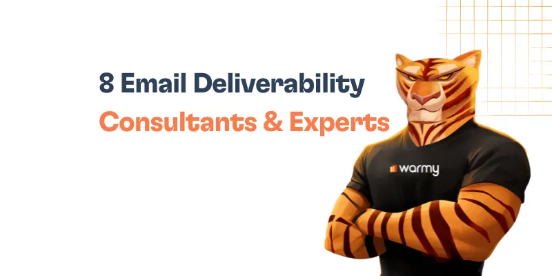 Illustration of an anthropomorphic tiger in a black Warmy t-shirt with folded arms. Text reads: 8 Email Deliverability Consultants & Experts on a white background with an orange grid design.