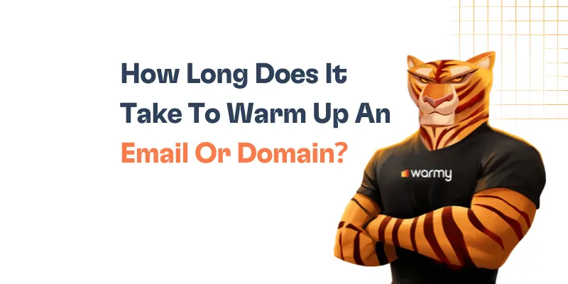 A tiger character wearing a warmy t-shirt stands with arms crossed next to the text, How Long Does It Take To Warm Up An Email Or Domain? on a white background with an orange grid design in the corner.