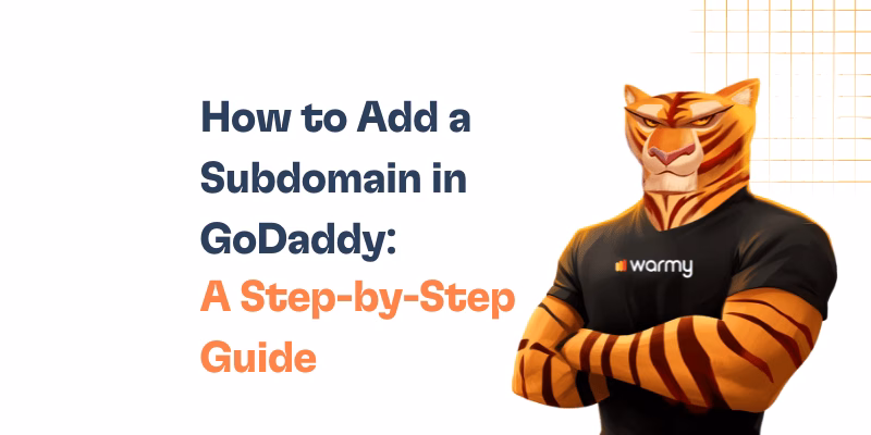 A muscular cartoon tiger in a warmy t-shirt stands beside bold text that reads, How to Add a Subdomain in GoDaddy—a step-by-step guide for beginners. Orange grid lines accent the top right corner for extra flair.