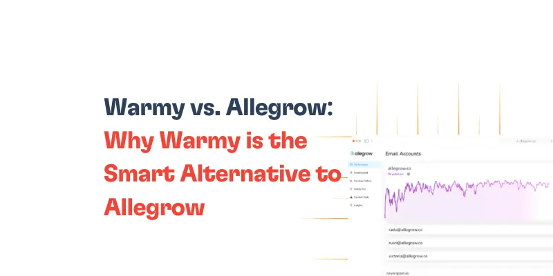 Text graphic comparing Warmy and Allegrow. The text reads: Warmy vs. Allegrow: Why Warmy is the Smart Alternative to Allegrow. A partial screenshot of email account statistics appears on the right.
