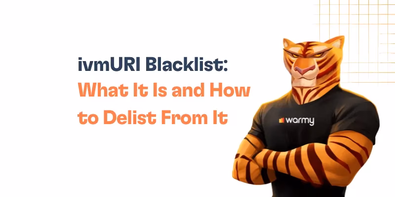 Illustration of an anthropomorphic tiger wearing a Warmy t-shirt standing with crossed arms beside the text “ivmURI Blacklist: What It Is and How to Delist From It” on a white background with an orange grid design.