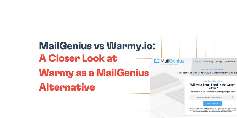 A comparison graphic titled MailGenius vs Warmy.io: A Closer Look at Warmy as a MailGenius Alternative with a partial screenshot of MailGenius’s email spam checker page on the right.