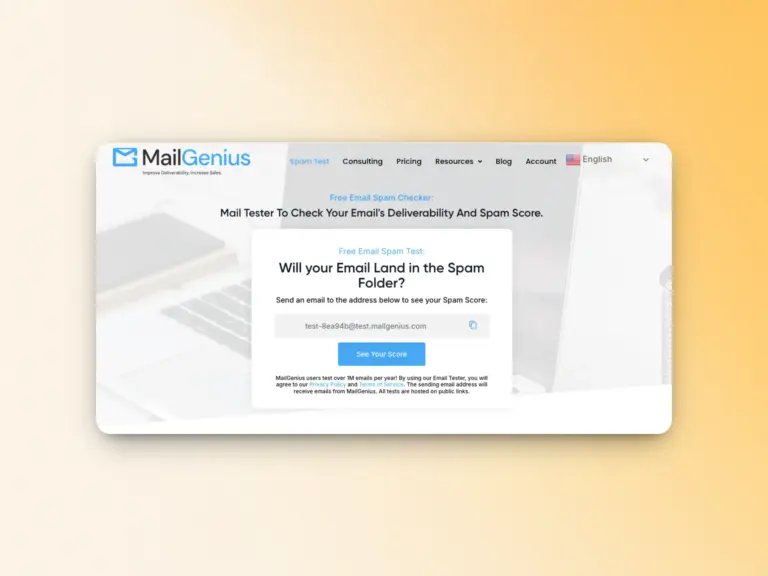 MailGenius vs. Warmy.io: A Closer Look at Warmy as a MailGenius Alternative 1 Screenshot of the MailGenius website showing an email spam tester tool. It prompts users to send an email to a test address to check their spam score, with a blue button labeled See Your Score.