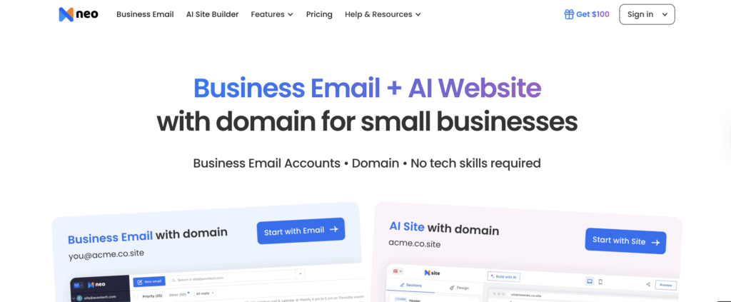 Screenshot of Neo’s website homepage showing text: Business Email + AI Website with domain for small businesses. Below are buttons for starting with email or AI site, and navigation links for features, pricing, and sign-in.