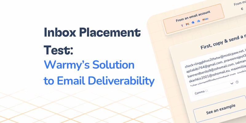 Graphic with the text Inbox Placement Test: Warmy’s Solution to Email Deliverability, featuring an inbox placement test and a partial screenshot of an email tool interface on the right.