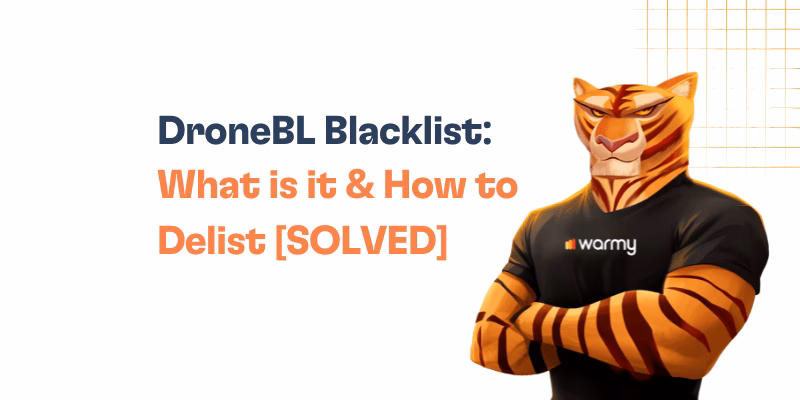 An illustrated tiger wearing a warmy t-shirt stands with crossed arms beside the text DroneBL Blacklist: What is it & How to Delist [SOLVED] on a white background with orange grid lines.
