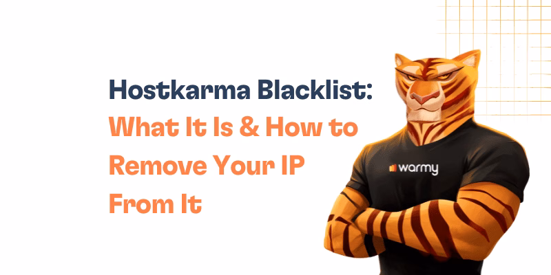 A muscular tiger character wearing a black warmy shirt stands with arms crossed. Text reads: Hostkarma Blacklist: What It Is & How to Remove Your IP From It on a white background with orange grid lines.