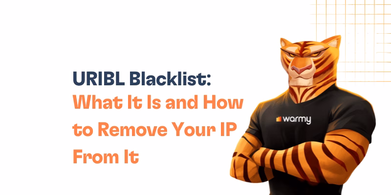 A confident cartoon tiger wearing a warmy t-shirt stands with arms crossed next to the text: URIBL Blacklist: What It Is and How to Remove Your IP From It on a white background with an orange grid design in the corner.