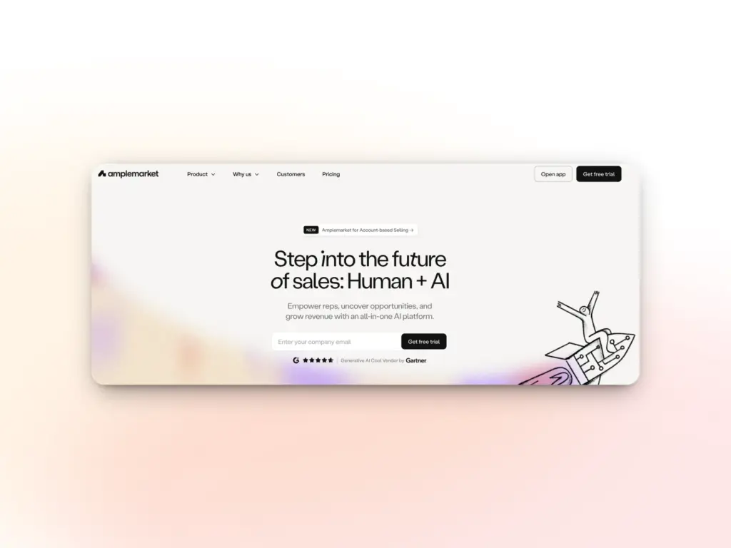 A website landing page for Amplemarket features the headline Step into the future of sales: Human + AI, an email sign-up field, navigation links, and a minimalist illustration of a person with outstretched arms on the right.