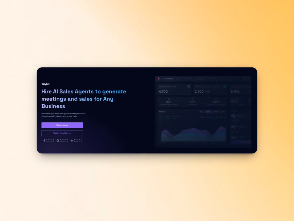 A website landing page with text: “Hire AI Sales Agents to generate meetings and sales for Any Business.” Two call-to-action buttons stand out, with a dark analytics dashboard partially visible, and a yellow gradient background—perfect for SaaS Black Friday deals.