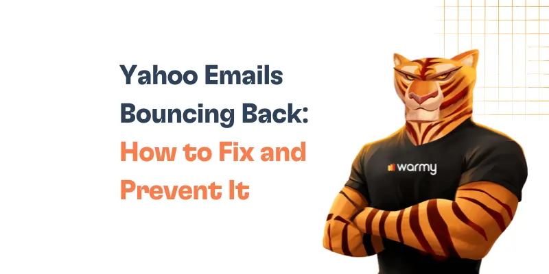Illustration of an anthropomorphic tiger wearing a black warmy t-shirt, standing with arms crossed next to the text Yahoo Emails Bouncing Back: How to Fix and Prevent It on a white background with an orange grid pattern.