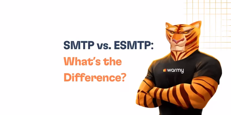 Illustration of an anthropomorphic tiger wearing a warmy t-shirt with folded arms next to the text SMTP vs. ESMTP: Whats the Difference? on a white background with an orange grid pattern.
