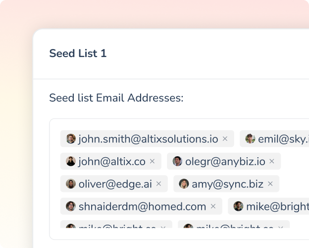 A user interface displays a list titled Seed List 1 with multiple email addresses, each shown in separate tags, some with profile pictures next to the email addresses.