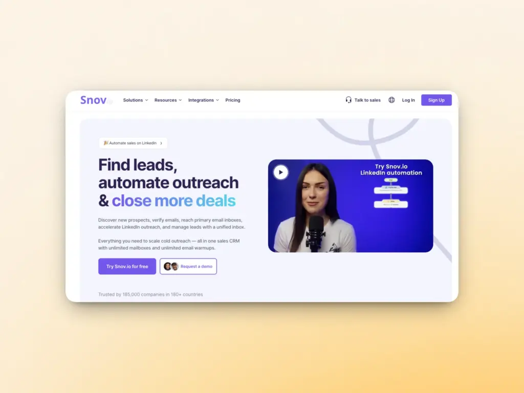 Snov website homepage showing a headline about finding leads and automating outreach, with a woman speaking in a video on the right; buttons for trying Snov.io for free and requesting a demo are below the headline, highlighting powerful email deliverability tools.