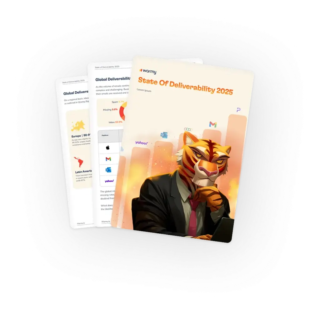 Three report pages are shown, with the front cover featuring an illustrated tiger in a suit against a cityscape background. The cover reads “State Of Deliverability 2025.” The pages behind display charts and email metrics.