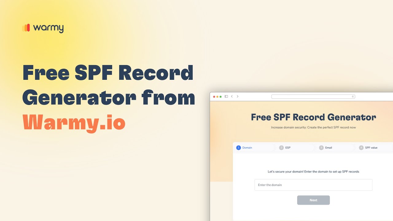An ad with the text Free SPF Record Generator from Warmy.io next to a screenshot of a website tool for creating SPF records, on a light background with the Warmy.io logo in the top left corner.
