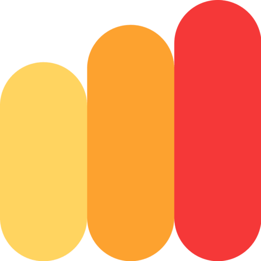 Three vertically aligned rounded bars in yellow, orange, and red, increasing in height from left to right, on a light gray background.