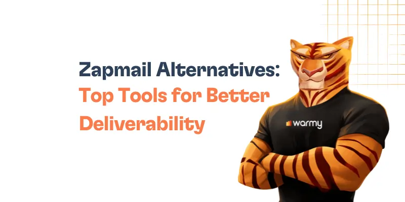 Illustration of an anthropomorphic tiger in a warmy t-shirt with folded arms next to the text: Zapmail Alternatives: Top Tools for Better Deliverability, highlighting top zapmail alternative options on a white background with an orange grid pattern.