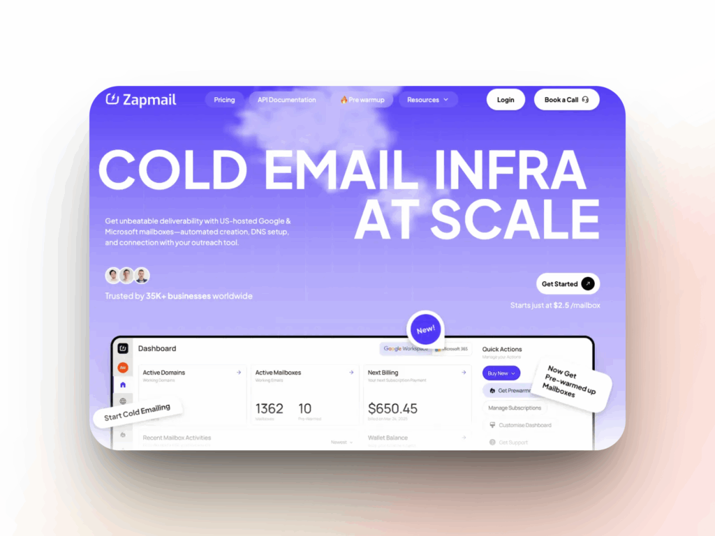 A website homepage for Zapmail features the headline “COLD EMAIL INFRA AT SCALE” over a purple gradient background, dashboard stats, and buttons for starting, logging in, and booking a call—ideal if you’re seeking a Zapmail alternative.