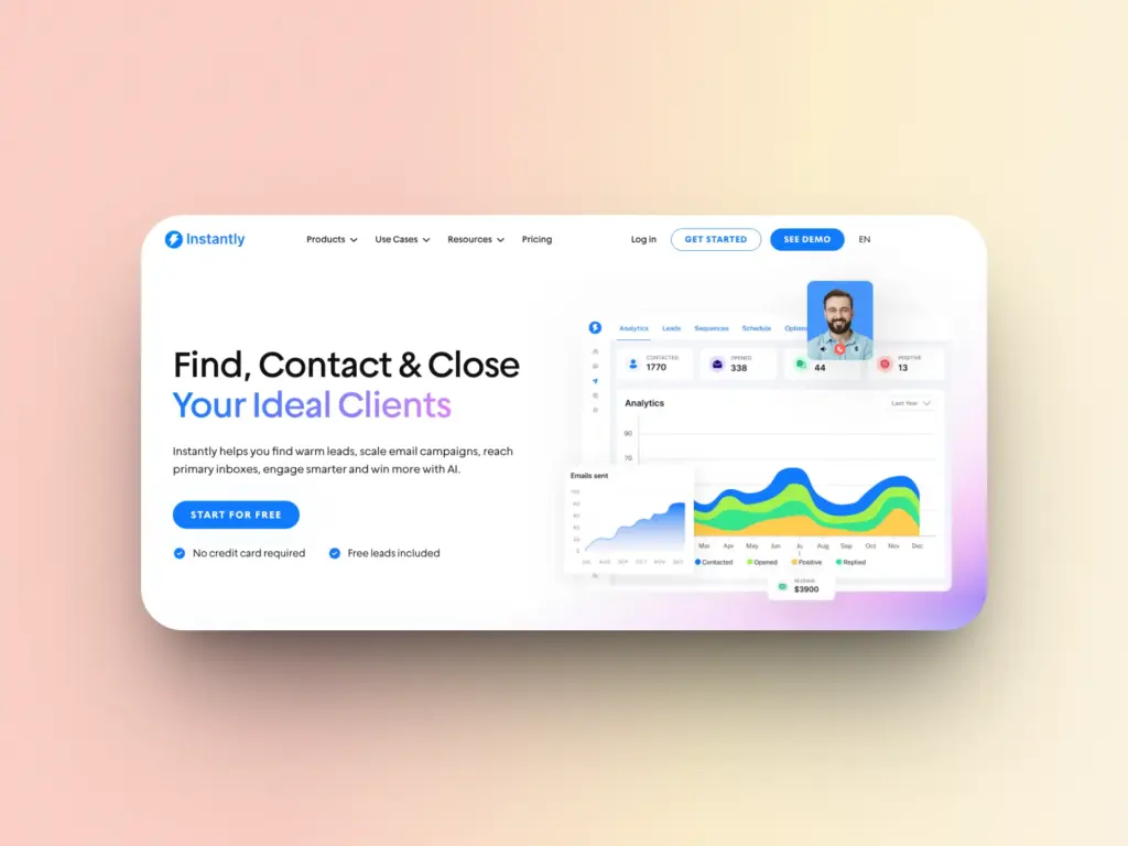 A website landing page for Instantly promoting tools to find and contact clients, featuring a dashboard with analytics graphs, a profile photo, and blue “Start for Free” and “See Demo” buttons—an ideal zapmail alternative.