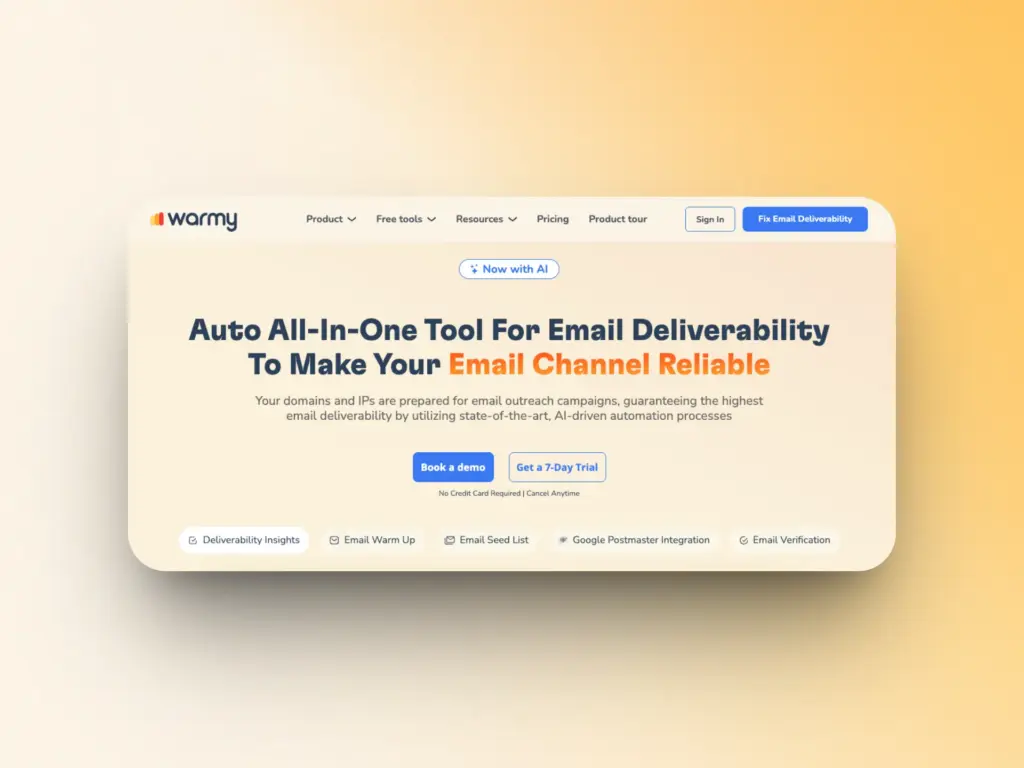 A webpage for Warmy, a leading zapmail alternative email deliverability tool, features a bold headline promoting reliable email channels, with buttons for booking a demo or starting a free trial. The background fades from white to orange.