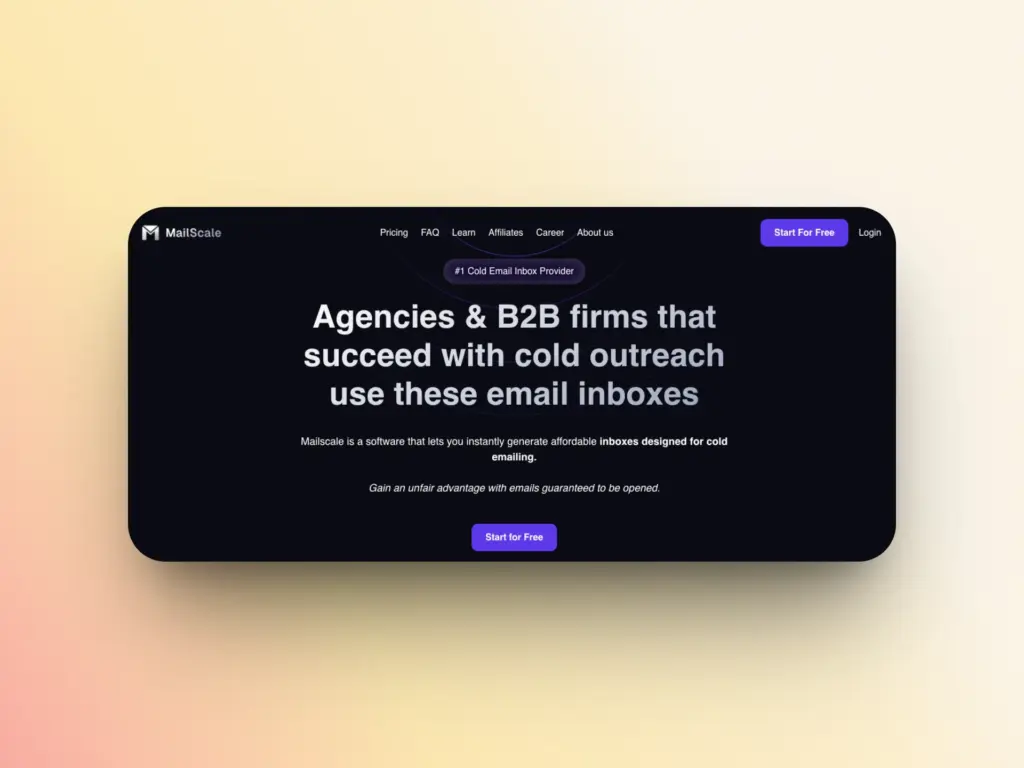 A dark-themed website homepage for MailScale, featuring text that highlights inboxes for agencies and B2B firms to boost cold outreach—positioned as a top Zapmail alternative—with prominent Start for Free buttons.