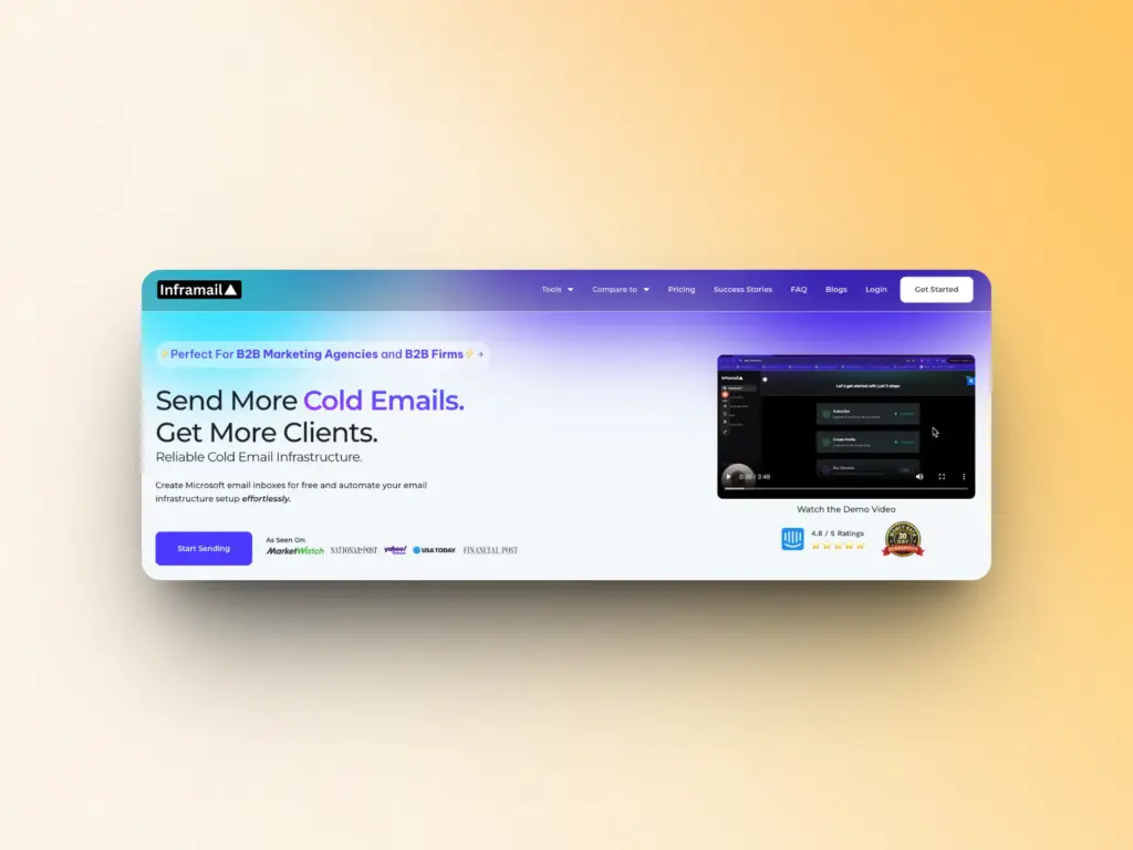 A website homepage for Inframail advertises Send More Cold Emails. Get More Clients. Showcasing a screenshot of the platform, navigation links, and company logos on a gradient background, it's the top Zapmail alternative for effective outreach.