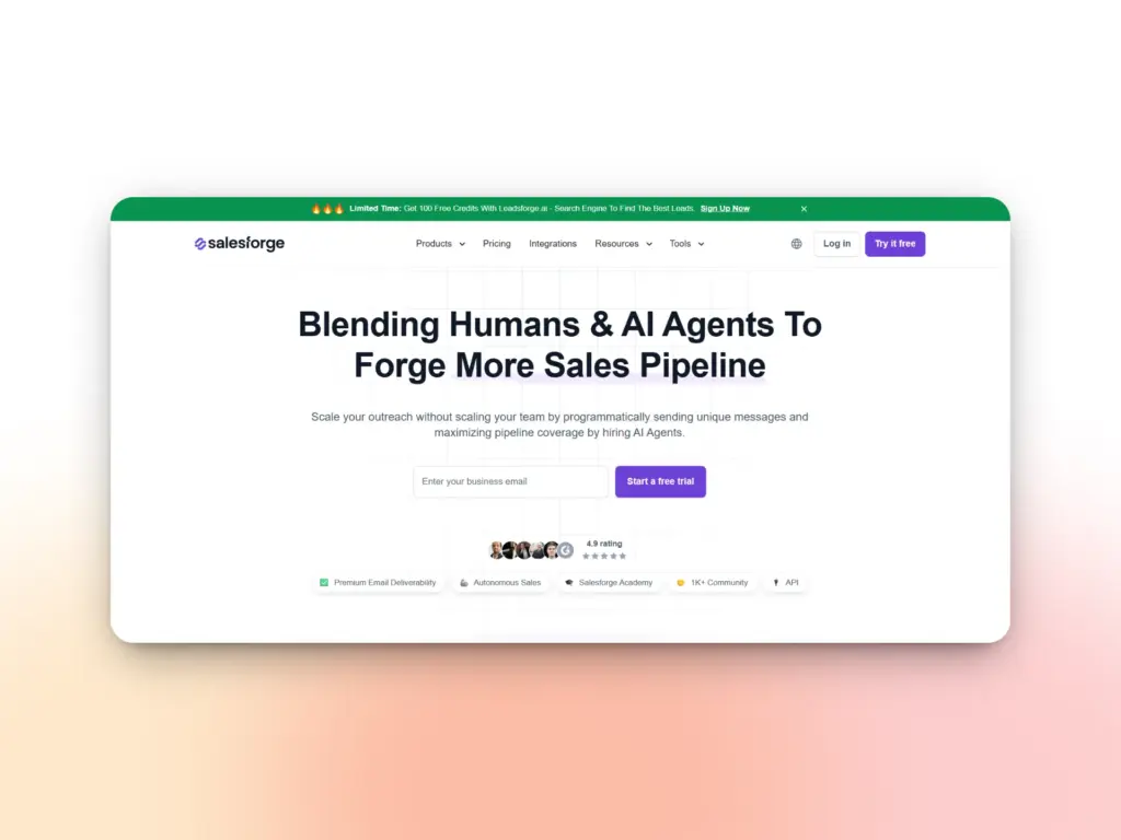 A website homepage for Salesforge features the headline Blending Humans & AI Agents To Forge More Sales Pipeline and a business email entry form above a “Start a free trial” button. The navigation bar is visible at the top.