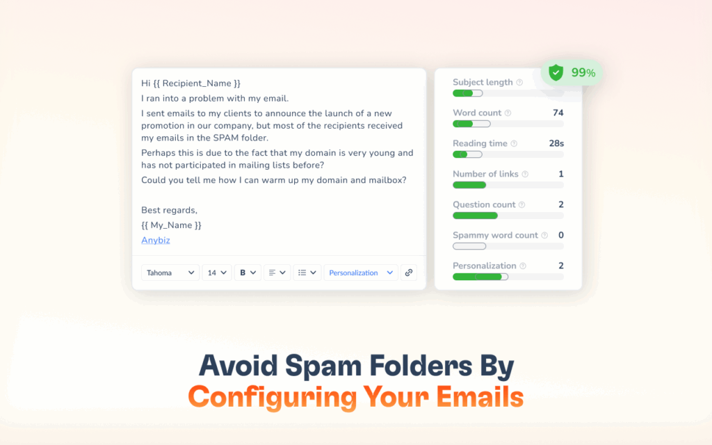 A screenshot shows an email composition window with analytics on subject length, word count, and spam score beside it. Text below reads, Avoid Spam Folders By Configuring Your Emails in blue and orange.