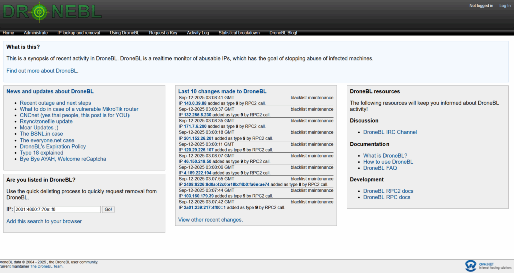 Screenshot of the DroneBL website homepage displaying a summary of recent abusable IP activity, news updates, last 10 changes, resources links, and a tool to search deletions by IP address.