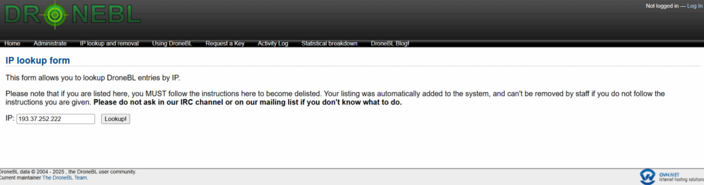 Screenshot of the DroneBL IP lookup form with a field to enter an IP address and a Lookup! button. The page explains how to use the tool and provides instructions for users whose IPs are listed.