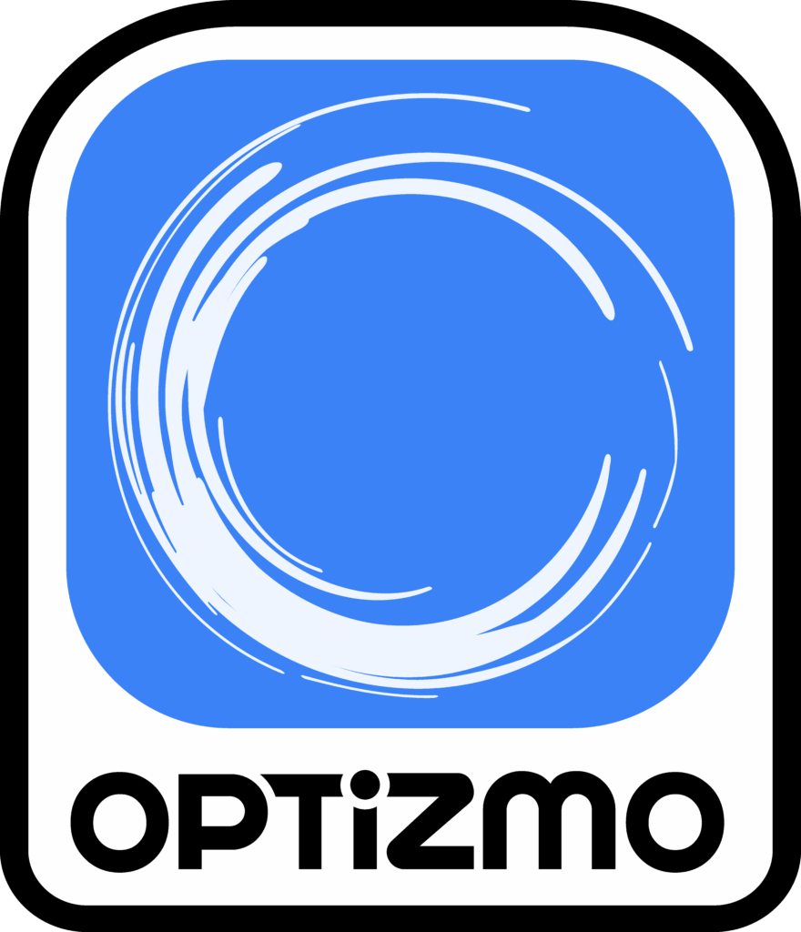 OPTIZMO logo featuring a stylized white circular brushstroke on a blue background above the brand name “OPTIZMO” in bold, black, rounded letters.