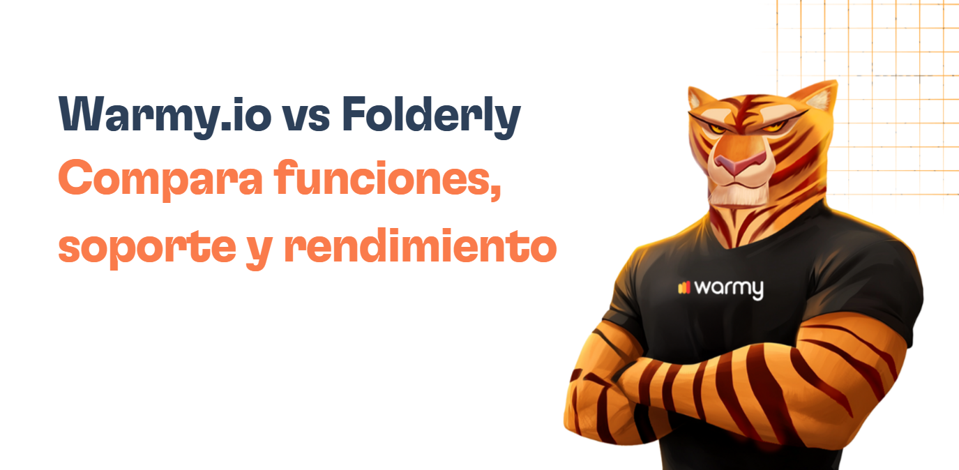 A muscular cartoon tiger in a Warmy.io t-shirt stands with crossed arms next to Spanish text comparing Warmy.io and Folderly, with a grid pattern in the top right corner.