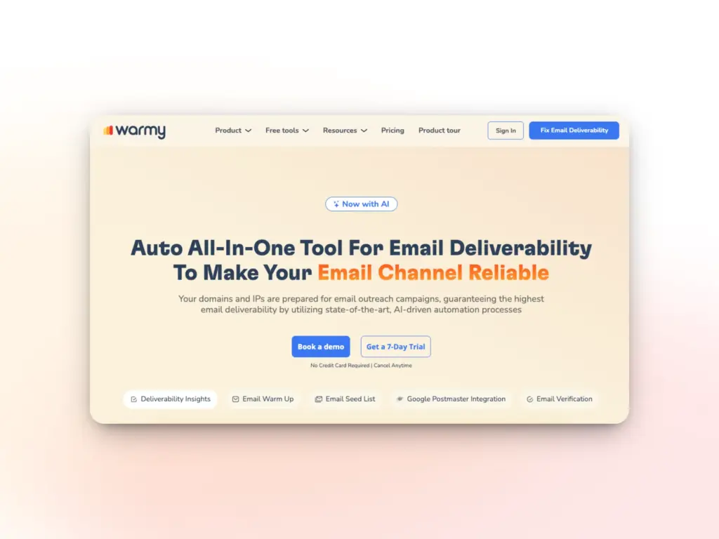 Screenshot of Warmy’s homepage showing a banner that reads: “Auto All-In-One Tool For Email Deliverability To Make Your Email Channel Reliable,” with buttons for booking a demo and exploring a 7-day trial—ideal for those seeking mailscale alternatives.