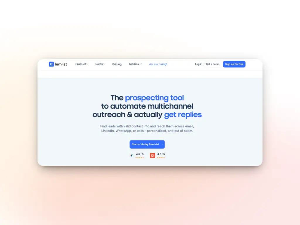 A webpage screenshot for Lemlist, a top prospecting tool to automate multichannel outreach and get replies. Features sign-up and Start 14-day free trial buttons, ratings, and text on its benefits as one of the best Mailscale alternatives.