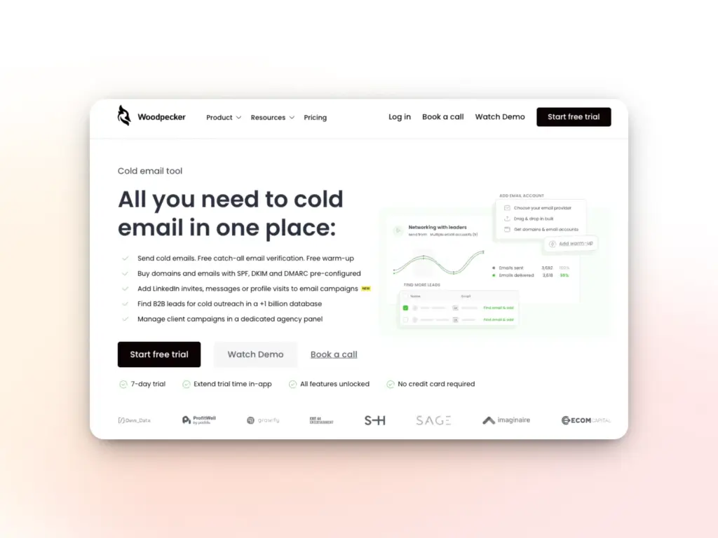 A website homepage for Woodpecker, a cold email tool and one of the top mailscale alternatives, features a headline about cold emailing benefits, a feature list, charts, and prominent buttons for Start free trial, Watch Demo, and Book a call on a white background.