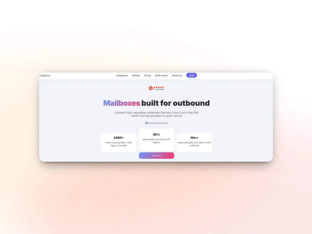 A website homepage with the headline “Mailboxes built for outbound” in bold text. Below are stats: 4400+ users, 96% inbox rate, and 10m+ emails sent. Discover top mailreef alternatives and a pink “Start Free” button at the bottom center.