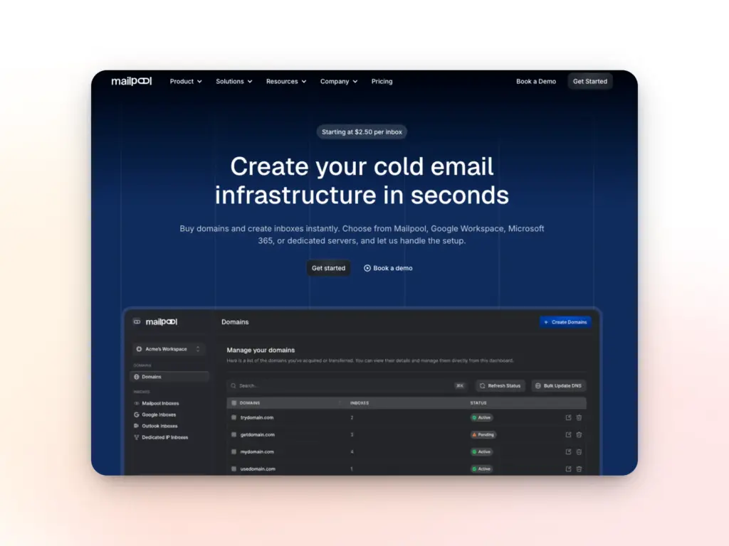 A website page for mailpzi featuring the headline: Create your cold email infrastructure in seconds, with options to get started or book a demo. Explore mailreef alternatives below with a dashboard for managing email domains.