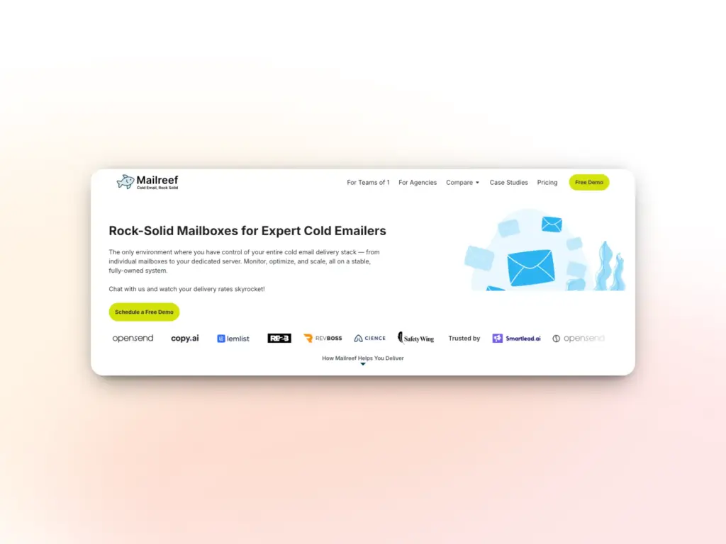 A website landing page for Mailreef showcases a headline about robust mailboxes for expert cold emailing, call-to-action buttons, partner logos, illustrated blue envelopes on the right, plus a section highlighting top Mailreef alternatives.