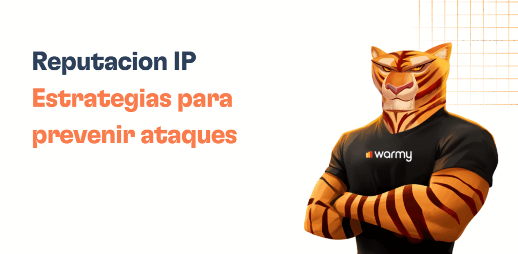 Illustration of an anthropomorphic tiger in a black warmy shirt, arms crossed, next to Spanish text: Reputación IP. Medidas de seguridad y estrategias para prevenir ataques, with an orange grid in the background.