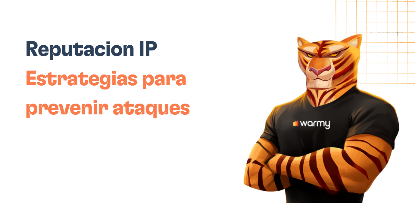 Illustration of an anthropomorphic tiger in a black warmy shirt, arms crossed, next to Spanish text: Reputación IP. Medidas de seguridad y estrategias para prevenir ataques, with an orange grid in the background.