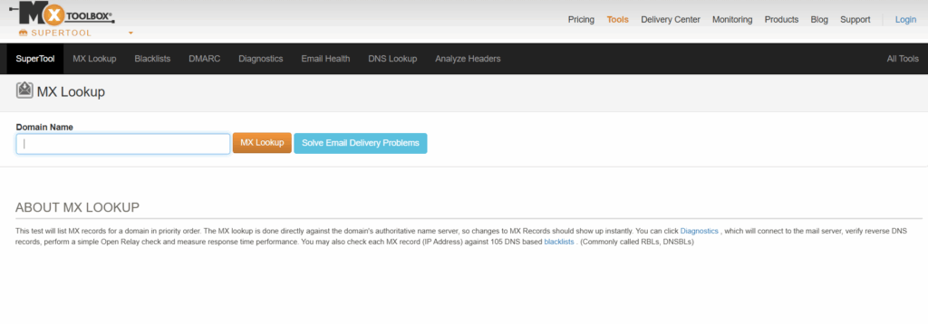 Screenshot of the MXToolbox SuperTool MX Lookup page, showing a domain name input field, MX Lookup and Solve Email Delivery Problems buttons, and a section explaining MX record lookups.