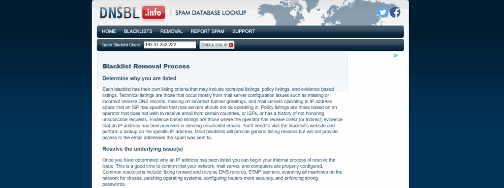 Screenshot of the DNSBL.info website showing a blacklist removal process. The page explains why IP addresses may be blacklisted and the steps to resolve issues, with a section for checking if an IP is blacklisted.