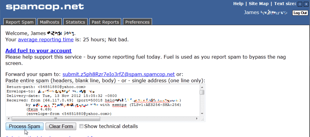 Screenshot of a spamcop.net webpage showing a spam report form. There is sample email header text in a box, options to process or clear the form, and links to submit spam and add fuel to an account.