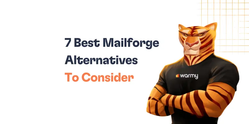 Illustration of an anthropomorphic tiger in a black warmy shirt, standing with folded arms next to text that reads 7 Best Mailforge Alternatives To Consider on a white background with orange grid lines.